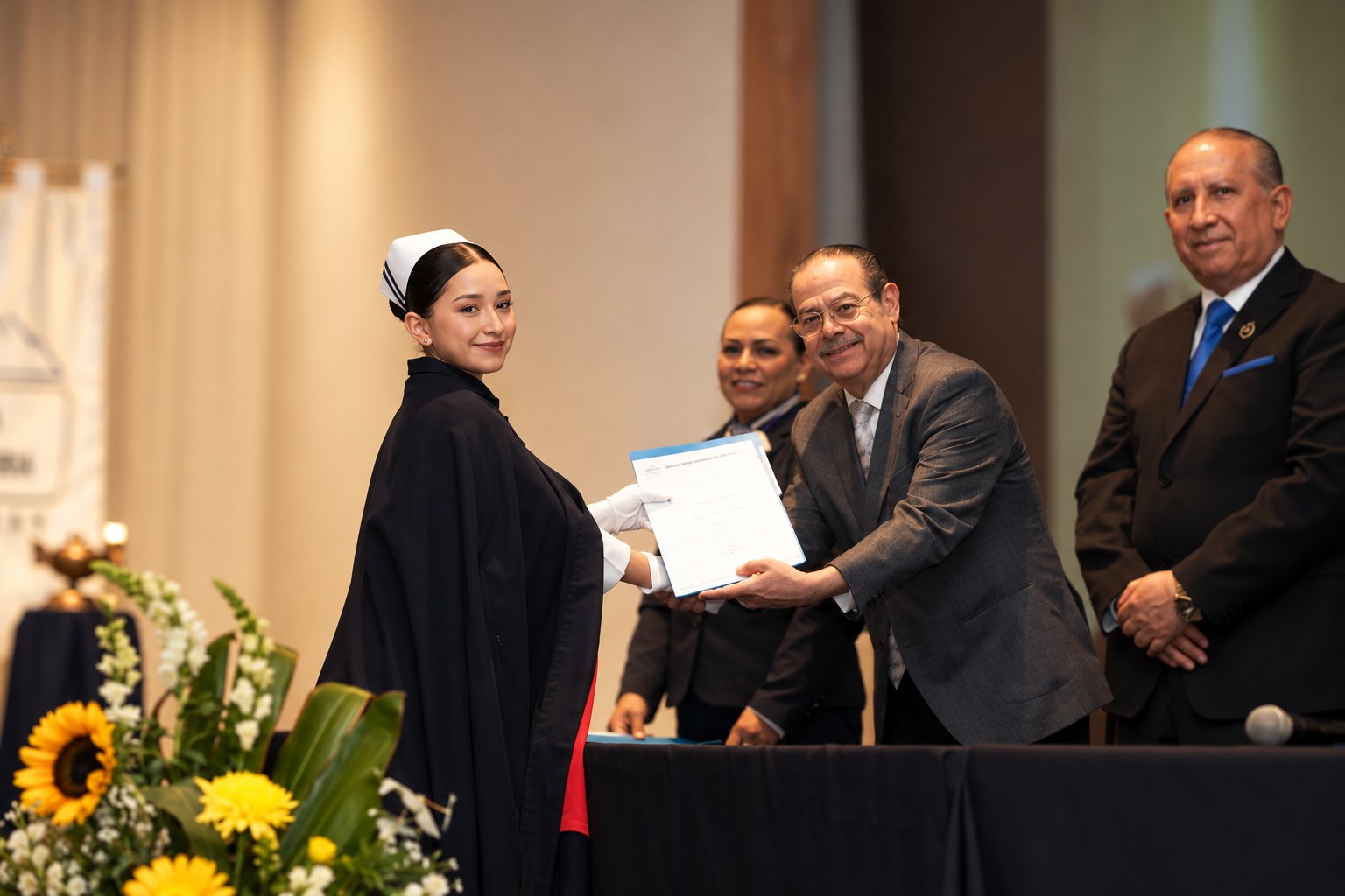 Alumna con capa recibe su documento de manos de un maestro