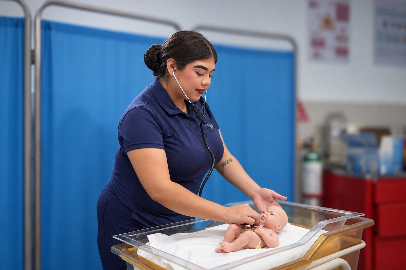 Alumna de Enfermería practica con un bebé de simulación en el laboratorio