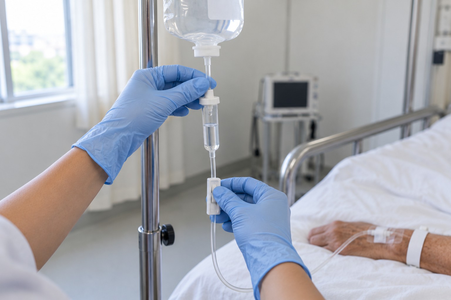 Estudiante con guantes ajusta el goteo de un suero en una habitación de hospital