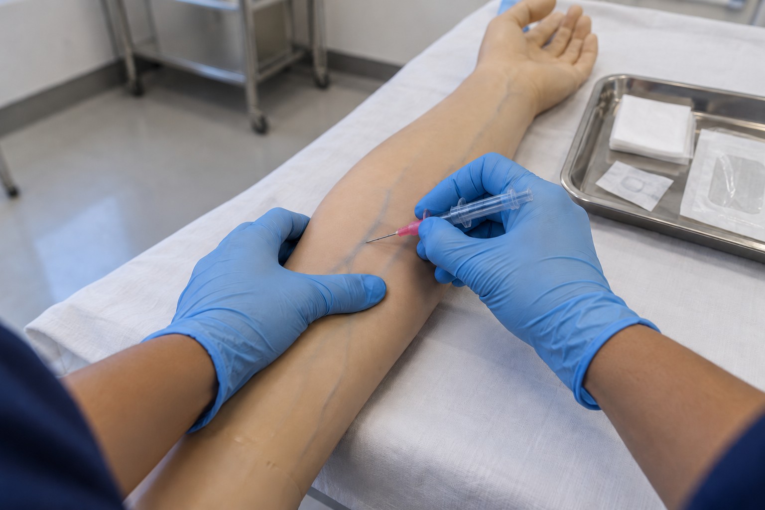 Estudiante con guantes practica una canalización en un brazo de simulación