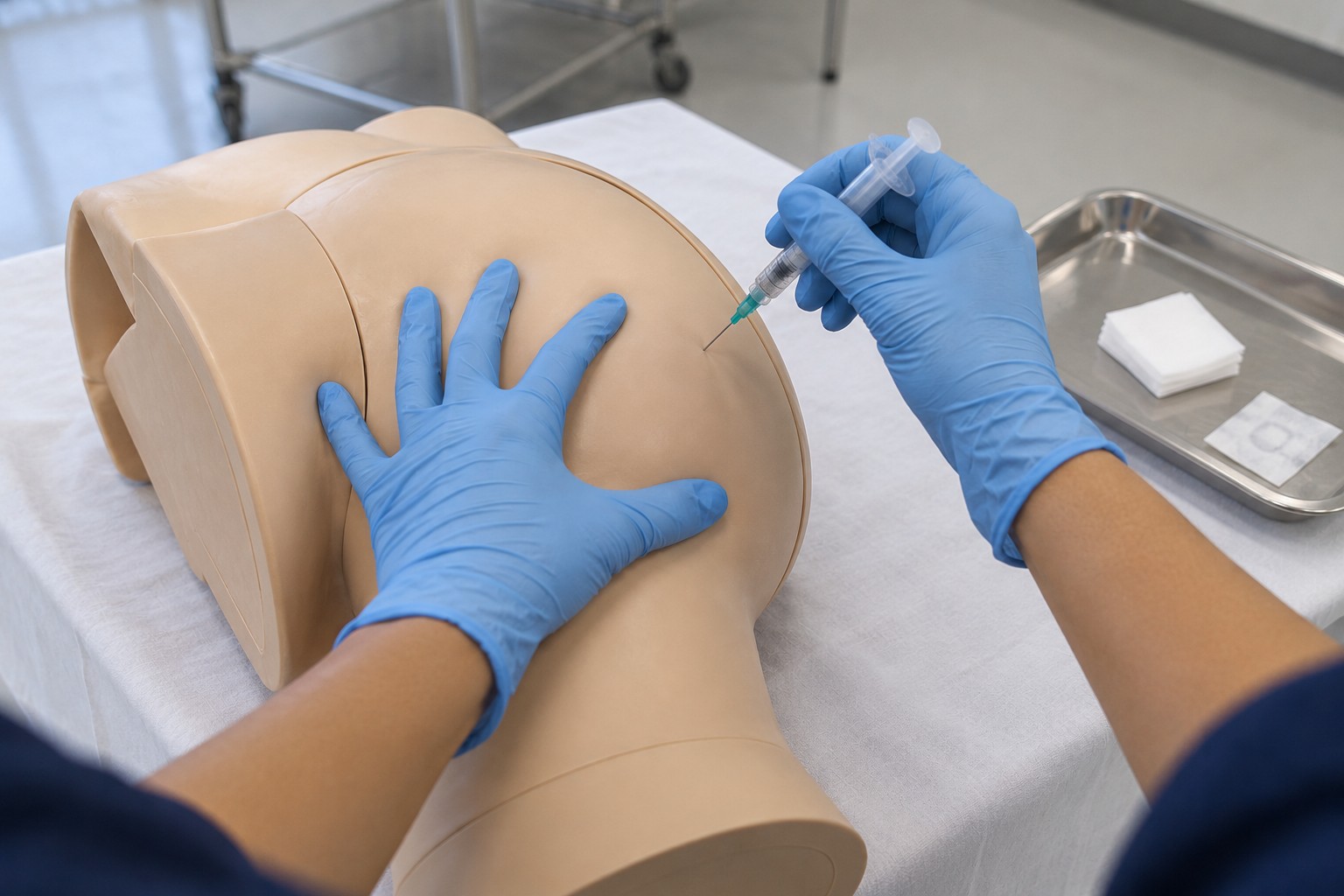Estudiante con guantes practica una inyección intramuscular en un maniquí de simulación